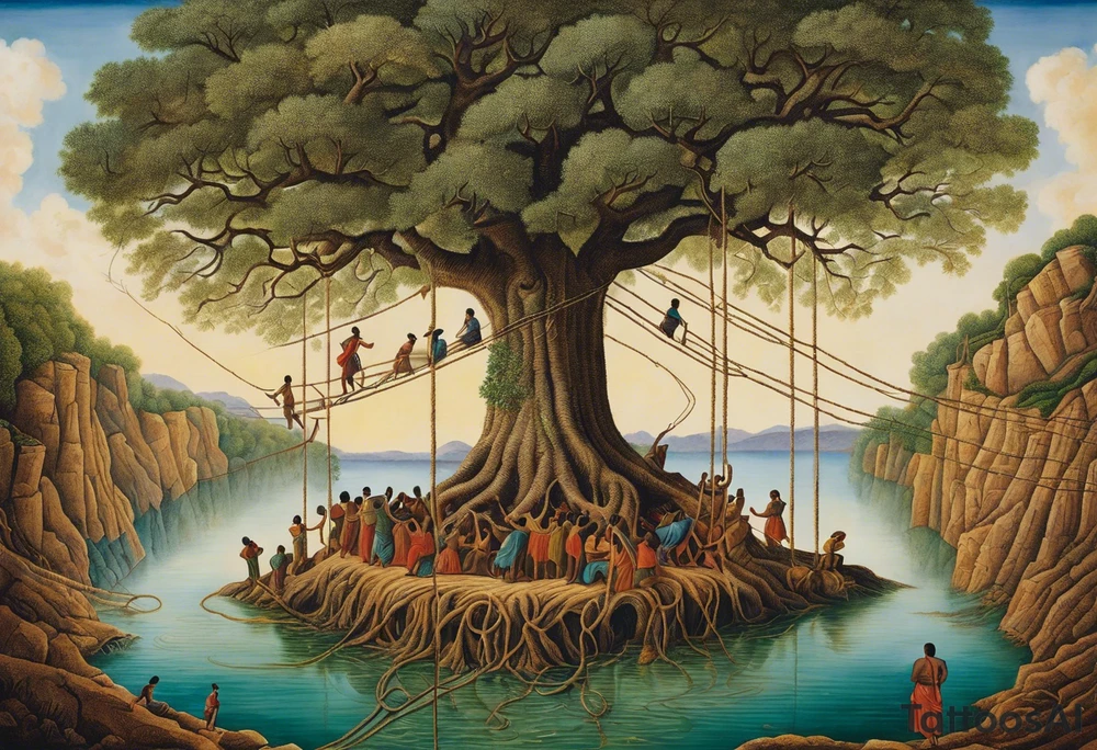 utopia picture of a tree at one level where above the surface is a group of people living in prosperity surrounding a tree. Below the surface the roots of the tree go down and turn into ropes and people are climbing these ropes to try and reach the above the surface. below the people climbing the ropes is hell, wih depicting of war slavery and death. going back to the top, above the tree is a perfection or heaven / nirvana. . include alchemical and occult symbols to depict this journey to enlightenment like religious or astrolligcal symblol. make it a full body tattoo stencil where the top of the tree would be at the chest and the ropes at the legs. tattoo idea