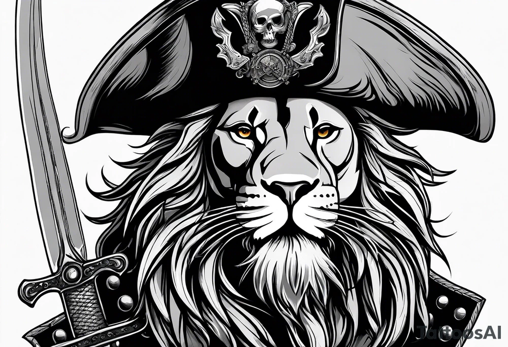 Pirate lion wearing jacket, sword and pistol, nautical steampunk theme. dreadlocks. tattoo idea