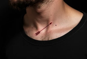 A fine-line Sagittarius constellation tattoo with a bold red arrow shooting across the stars on the ribcage. tattoo idea