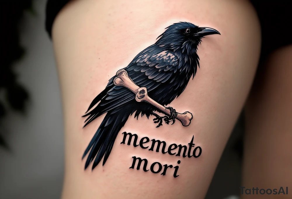 A crow with dark navy feathers carrying a bone in its beak, flying over the phrase "memento mori" in smoky gray. tattoo idea