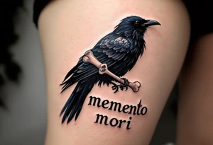 A crow with dark navy feathers carrying a bone in its beak, flying over the phrase "memento mori" in smoky gray. tattoo idea