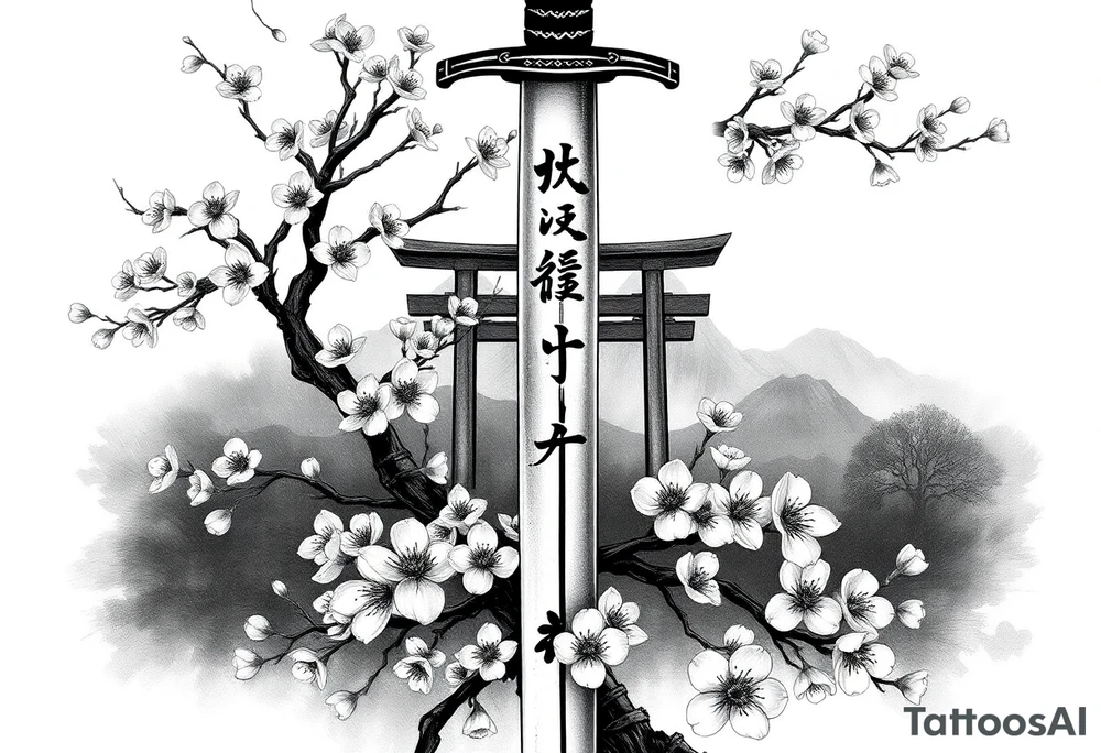 This is a black and gray realism tattoo rooted in discipline, duality, and intention. The centerpiece is a vertical katana, modeled after your original ink, clean and upright like a spine—symbolizing focus, precision, and grounded energy. It’s wrapped in the flowing limbs of a sakura tree, not as an accessory, but as an extension of the blade itself—representing beauty that blooms in adversity. Cherry blossoms aren’t scattered for aesthetics—they move with the wind, some drifting in the foreground, others clinging to the sword like it’s their protector. Behind it all sits a misty torii gate and layered mountains, giving the piece weight, history, and spiritual context. The kanji 平和の剣 (“Sword of Peace”) rides the piece vertically, not slapped on but earned—a message that resonates from the blade outward. The shading is deep and unifying, giving everything one breath, one tone, one story. Nothing floats, nothing competes. The sword doesn’t dominate the art—it becomes the axis around which peace, nature, and power orbit. tattoo idea