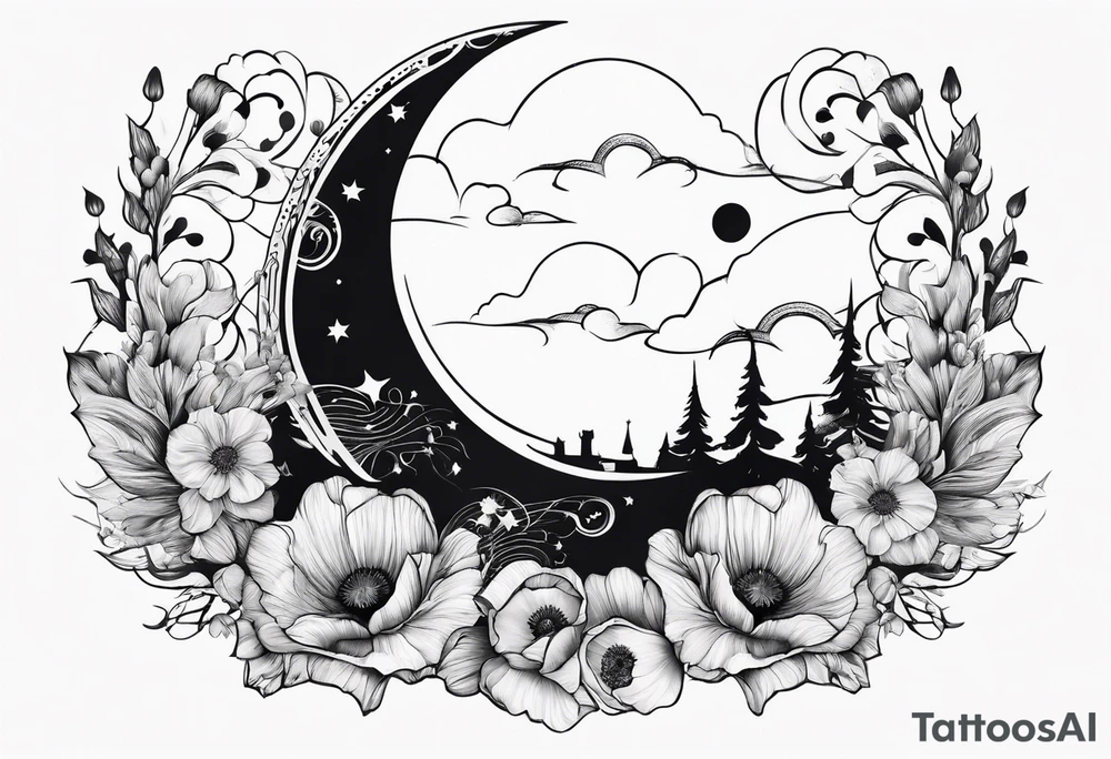 spine tattoo with stars, moon, clouds, poppy tattoo idea