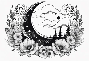 spine tattoo with stars, moon, clouds, poppy tattoo idea