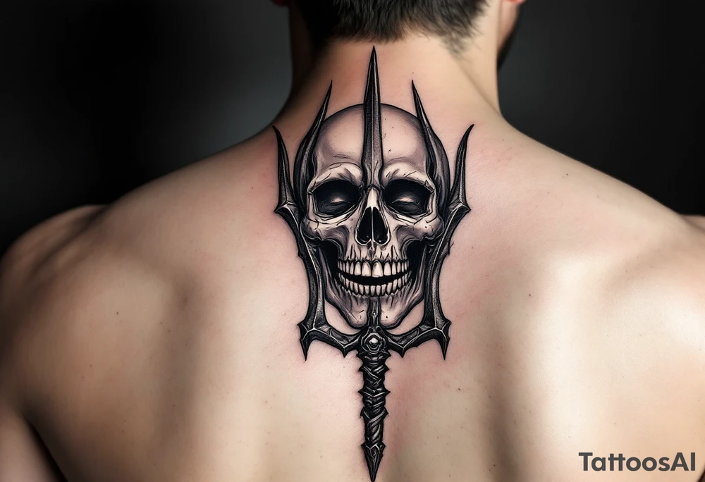 laughing skeleton face behind trident tattoo idea