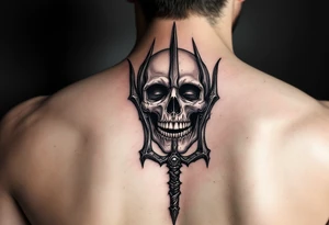laughing skeleton face behind trident tattoo idea