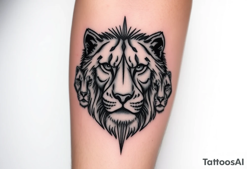 Geometric half male lion face half 3 female cubs faces tattoo idea