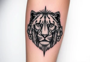 Geometric half male lion face half 3 female cubs faces tattoo idea