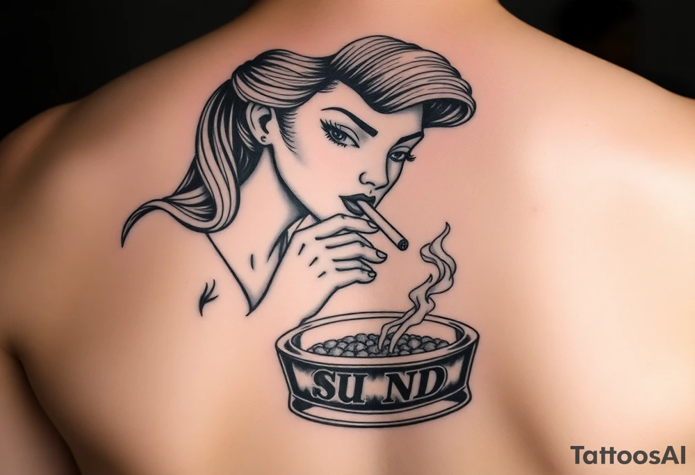 The Sunbeam bread girl smoking a cigarette ashing in a ashtray tattoo idea