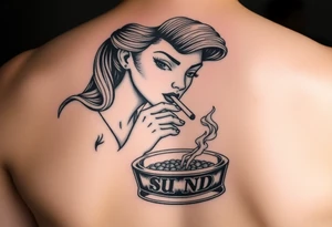 The Sunbeam bread girl smoking a cigarette ashing in a ashtray tattoo idea