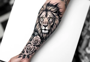 Full sleeve with the words, protect, love, and cherish. With my daughters name “Sutton” and her birthday May 30th 2023 with a lion and roses. tattoo idea