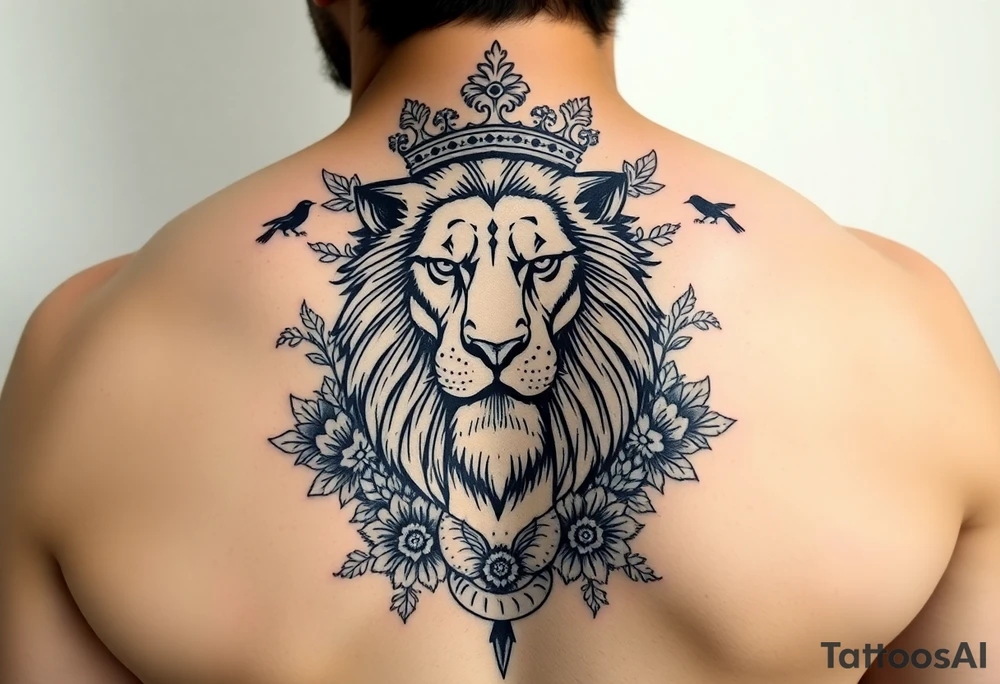 powerful majestic lion with a crown, surrounded by floral ornaments and birds tattoo idea