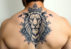 powerful majestic lion with a crown, surrounded by floral ornaments and birds tattoo idea