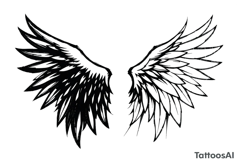This tattoo design features a pair of asymmetrical angel wings drawn in black ink with a rough, sketch-like style. The left wing is darker, more defined, and appears denser, while the right wing is lighter, more delicate, and fragmented, creating a contrast between the two. The feathers are sharp and irregular, with fine lines and stray strokes extending outward, adding a raw and artistic feel. The overall look is dynamic and slightly chaotic, giving the impression of movement or an unfinished, ethereal form. This design symbolizes duality, freedom, transformation, or even struggle, making it a meaningful and visually striking tattoo. tattoo idea