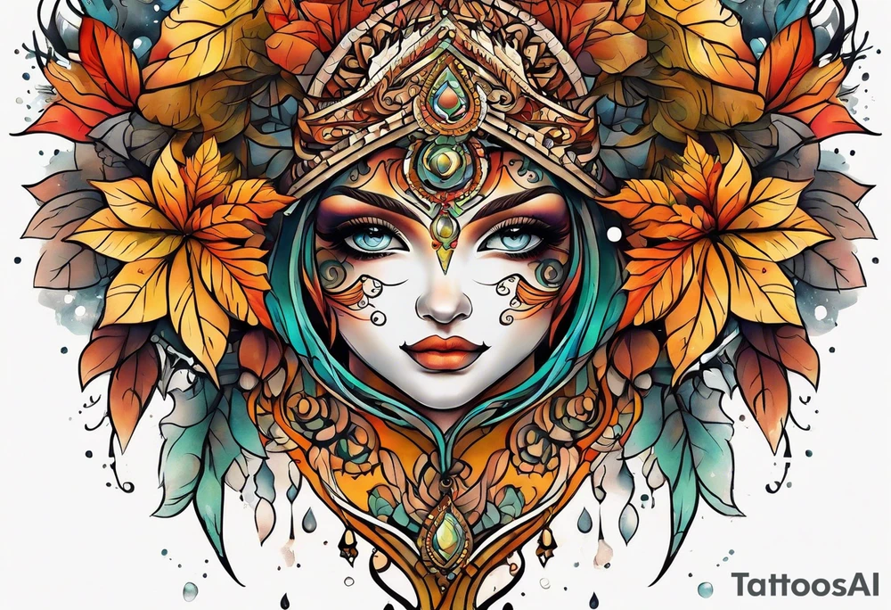Knee tattoo in fall colors with water flow washes tattoo idea