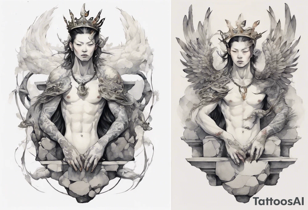 a watercolor of a white bird-serpent hybrid wearing an iron crown, perched upon a stone tattoo idea