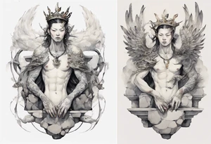 a watercolor of a white bird-serpent hybrid wearing an iron crown, perched upon a stone tattoo idea
