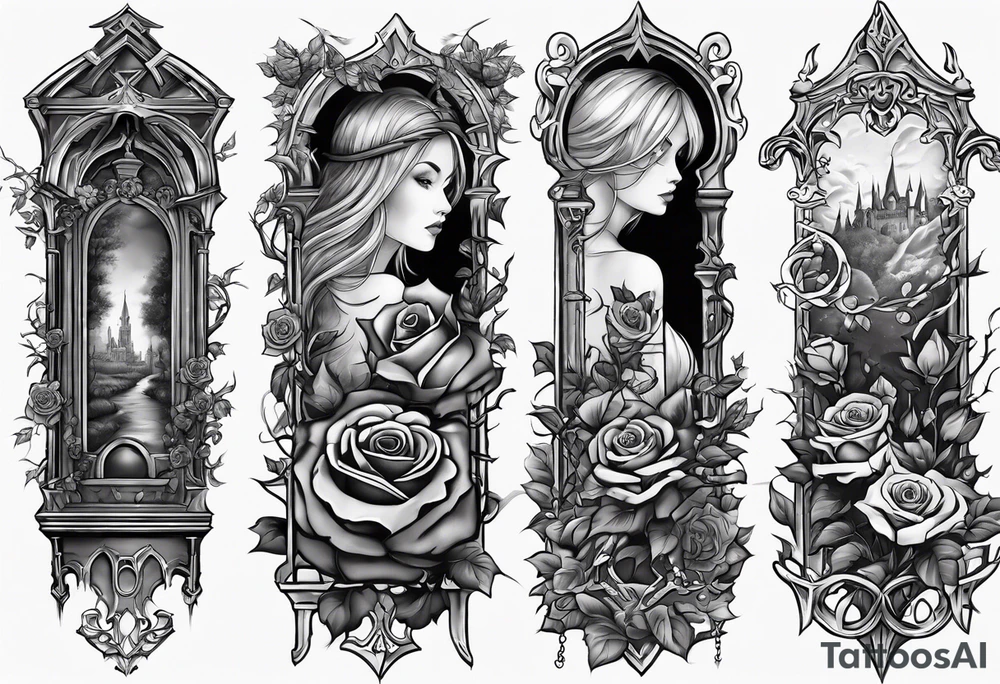 tattoo fool sleeve, old broken gothic castle, broken sword, tree roots break out of the chains, roses tattoo idea