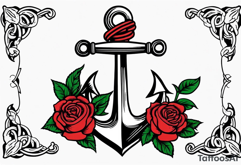 old school anchor with rope wrapped around anchor and banner across anchor and old school roses tattoo idea
