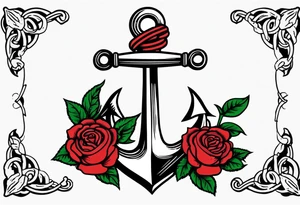 old school anchor with rope wrapped around anchor and banner across anchor and old school roses tattoo idea