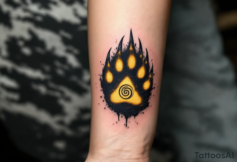 Veles' Paw — A realistic bear paw print with three sharp claws, overlaid on dark earthy soil, with Veles’ spiral rune glowing in golden-yellow within the central pad. tattoo idea