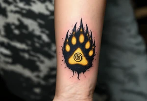 Veles' Paw — A realistic bear paw print with three sharp claws, overlaid on dark earthy soil, with Veles’ spiral rune glowing in golden-yellow within the central pad. tattoo idea