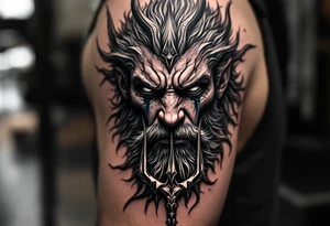 close-up crying poseidon behind a trident tattoo idea