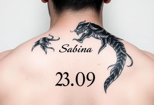 Tattoo with name Sabina and date 23.09 japanese style tattoo idea
