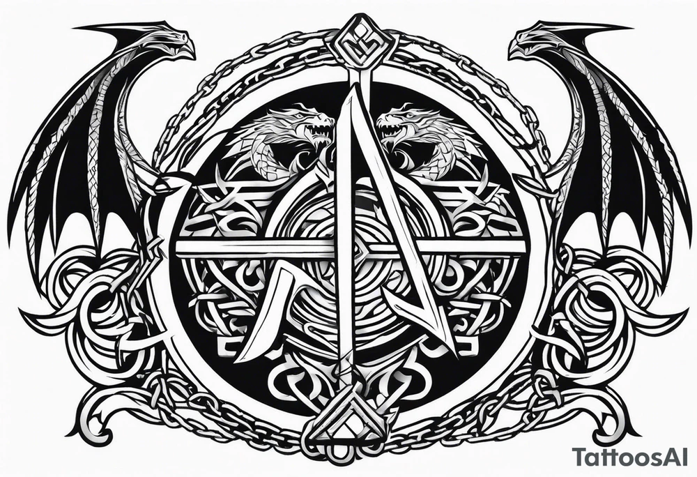 Valhalla sword shield dragon axe Valknut barbed wire chains tribal tattoo idea Valhalla sword shield dragon axe Valknut barbed wire chains tribal tattoo idea