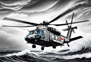 Canadian military grey CH-148 Cyclone helicopter soaring low over rough, ocean waves. In the background, a poppy be prominently displayed tattoo idea