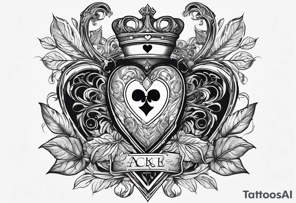 A right side of neck, tattoo of the king of hearts with the Ace of spades behind it and an enchanted leaves around it tattoo idea