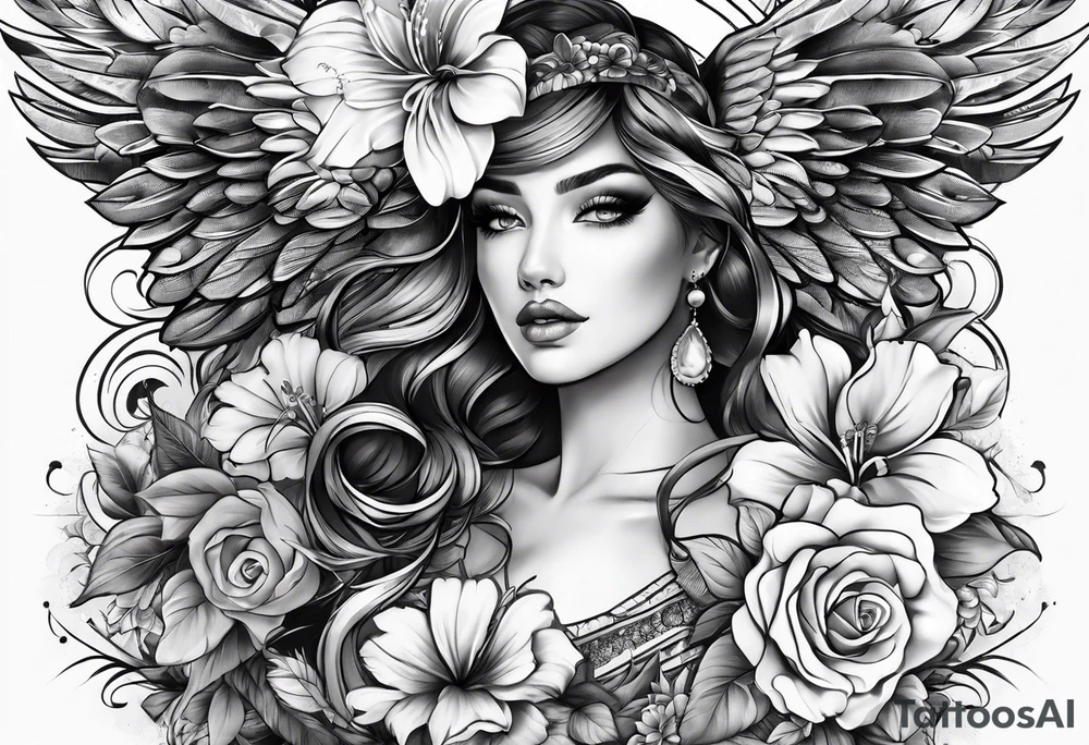 sleeve tattoo full guns and flowers and wings tattoo idea