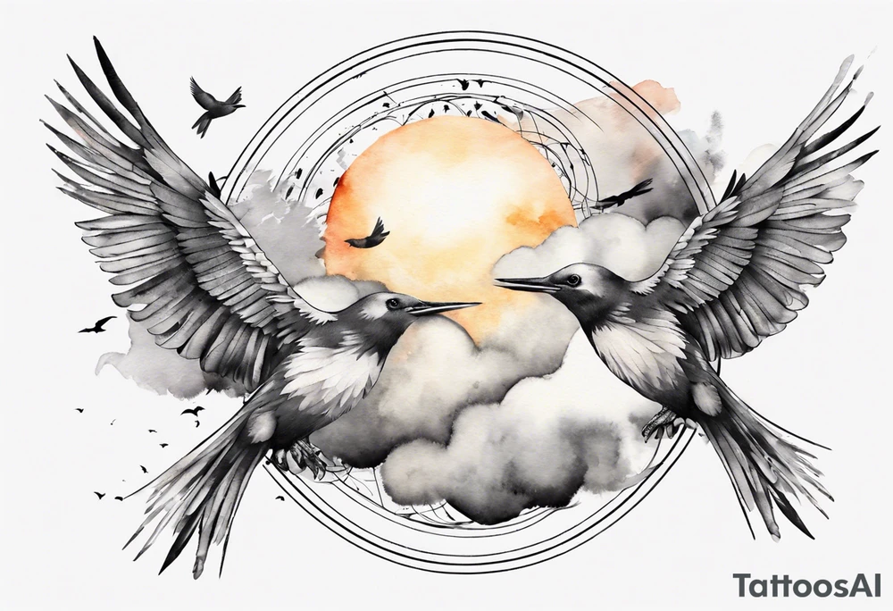 shoulder tattoo with light rays with birds flying free among the clouds, round shape, 3d effect tattoo idea