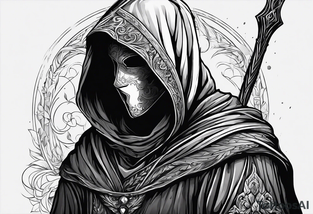 Hooded figure with no face carrying wooden staff with gem on top and wearing a long tattered cloak tattoo idea