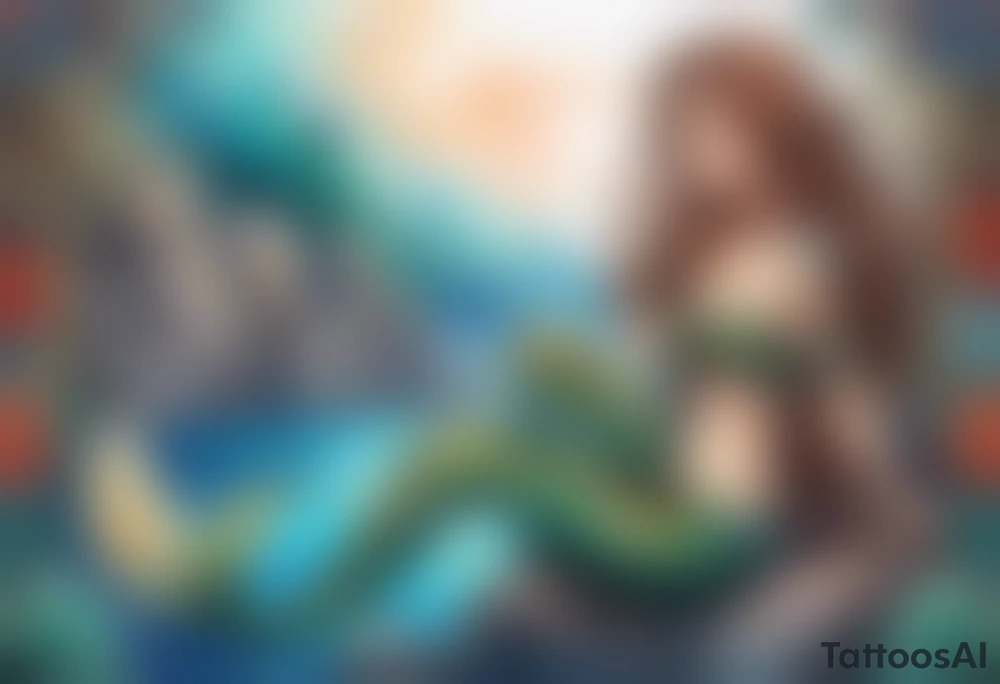 mermaid with brown hair, sitting on rock, skeleton in background of mermaid tattoo idea
