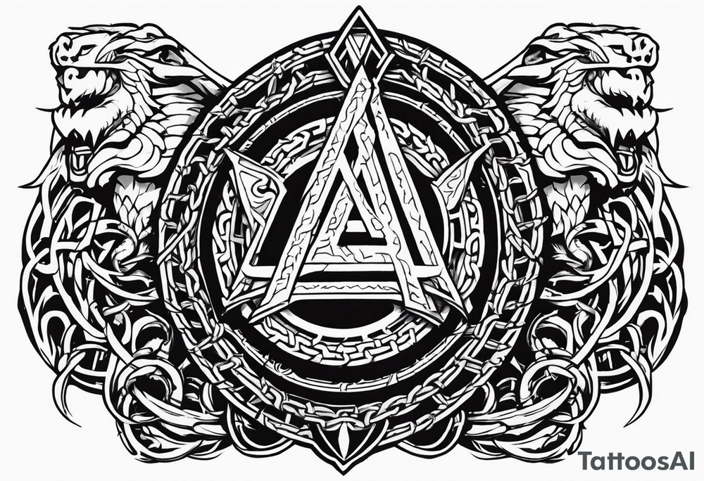 Valhalla sword shield dragon axe Valknut barbed wire chains tattoo idea Valhalla sword shield dragon axe Valknut barbed wire chains tattoo idea