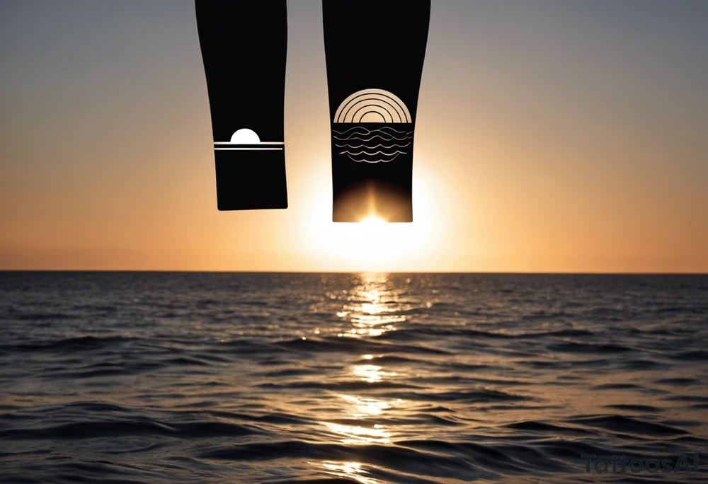 Minimalistic, black and white tattoo on male forearm. From the perspective of being on the ocean, the water is calm, with no waves in sight, the sun is setting behind the ocean, reflecting light onto the water. The tattoo in the shape of a rectangle, 4 inches wide by 2 inches tall. tattoo idea