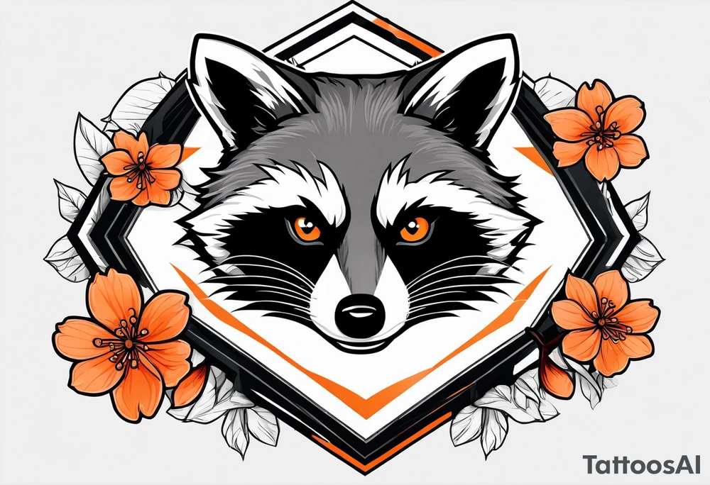 Raccoon wearing a white Superman logo on a black hoodie and orange Japanese cherry blossoms beside tattoo idea