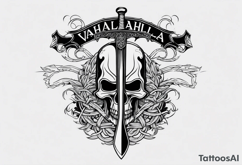 Valhalla sword shield axe barbed wire chains dark cloud tattoo idea