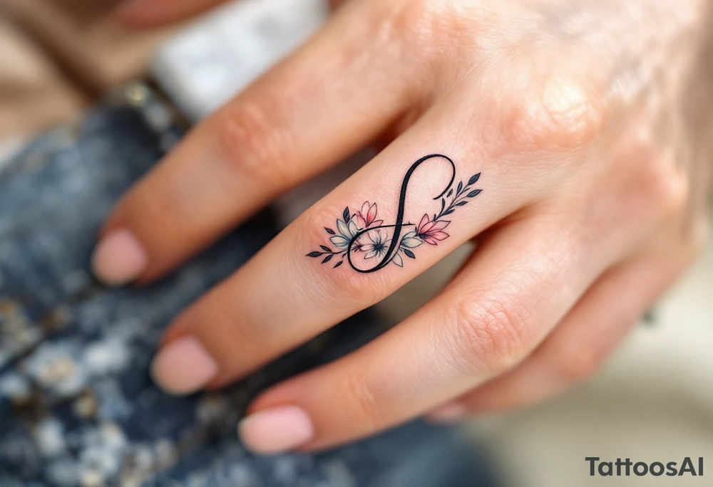 A minimalist black "S" outlined with fine-line flowers in soft pastel tones on finger. tattoo idea