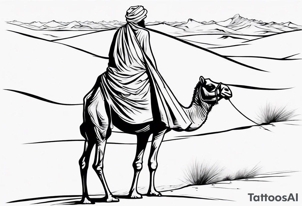 Design a tattoo showcasing, from a far, a vast desert landscape with low, undulating sand dunes. Feature a man walking alongside his camel, both resilient against the harsh environment, the man covering his face with a long cloth for protection. tattoo idea
