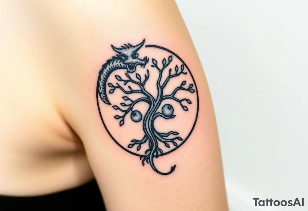 a dragon forming a circle with its body.  the dragon encircles the tree of life.   the tree of life has fruit  and the dragon is eating the fruit. the roots of the tree are strangling the tail of the dragon tattoo idea