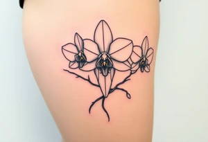 Draw of three fine line orchids different size realistic, the central part resembles a vagina. Are connected with branches tattoo idea