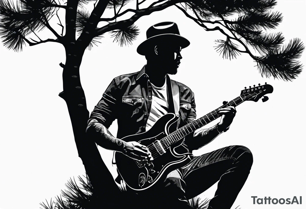 silhouette of a man playing electric guitar while sitting in a pine tree. tattoo idea