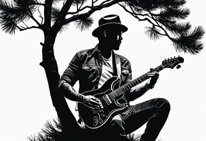 silhouette of a man playing electric guitar while sitting in a pine tree. tattoo idea