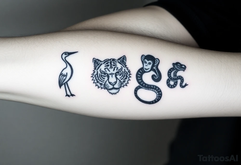Crane tiger monkey and snake each small individual characters tattoo idea
