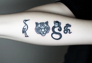 Crane tiger monkey and snake each small individual characters tattoo idea