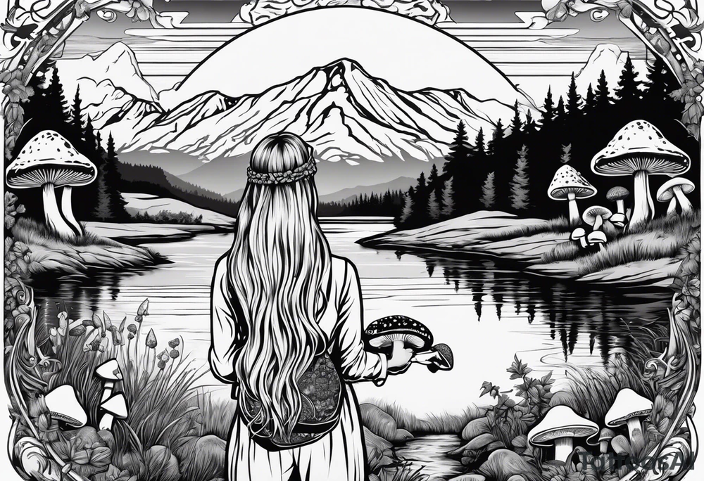 Whole picture encircled fully

Straight long blonde hair hippie girl in distance holding mushrooms in hand facing away toward mountains and creek surrounded by mushrooms long sleeve shirt and hiking pants; whole rendering within a full circle, no cut off circle tattoo idea