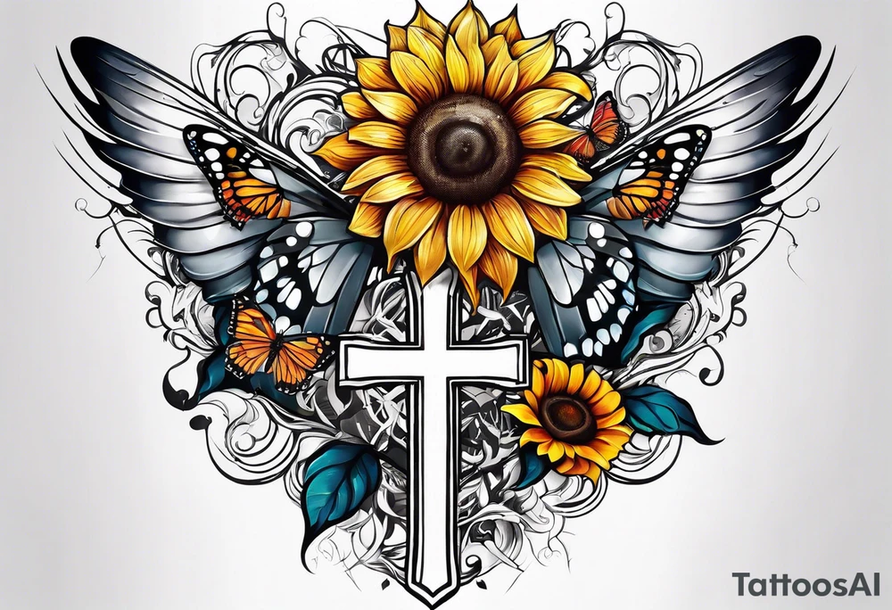 Arm sleeve with Winged cross with sunflower and butterflies tattoo idea