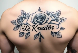 Rose tattoo and in the middle of roses say “Le KréAtor” in script tattoo idea